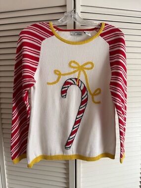 Women’s White & Red Candy Cane Sweater with Yellow Trim